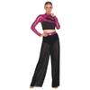 S-XXL Women Two-Piece Lyrical Dance Outfit Mock Neck Long Sleeve Cutout Back Sequins Rhinestones Crop Top with Side Split Sheer Chiffon Pants