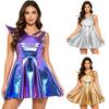 Womens Metallic Shiny Asymmetrical Disco One Shoulder Fly Sleeve Hollow Straps V-Neck Backless Mini Dress