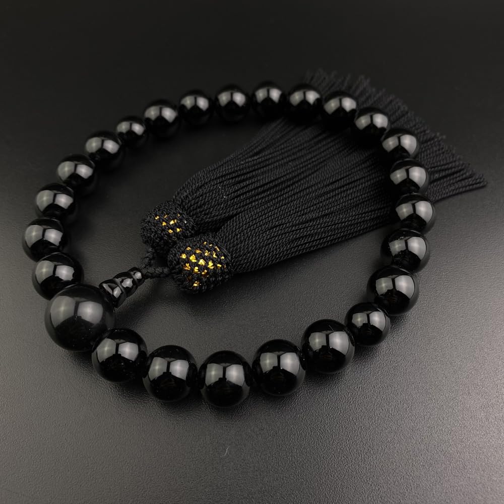 WONDERFUL LOTUS Buddhist Prayer Beads Juzu for Men Ebony Black Onyx Tiger Eye 22 Beads Pure Silk Tassel with Pouch for All Sects Funeral Memorial
