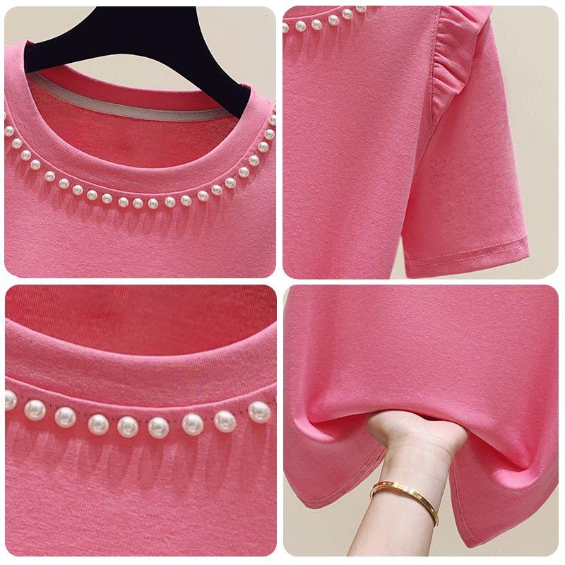 Summer Woman Clothing Slim Versatile T-shirt Korean New Ruffles Short Sleeve Beading Round Neck Female Basic Fashion Casual Tops