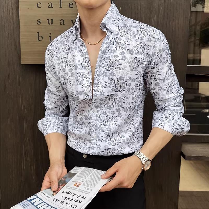 Sprig Autumn Men's Casual Shirts Fashion Print Long Sleeve Floral Shirts For Men Clothing Slim Fit Shirt Men