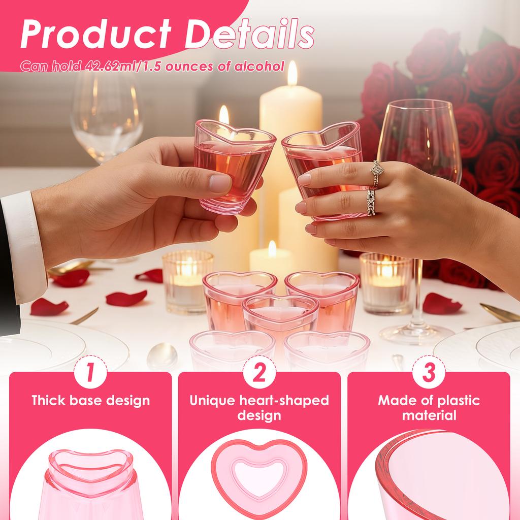 24/12Pcs Mini Wine Glass 1.5oz Heart Shape Cake Cup Tequila Spirit Shot Whiskey Glass Plastic for Festival Party Dessert Decor