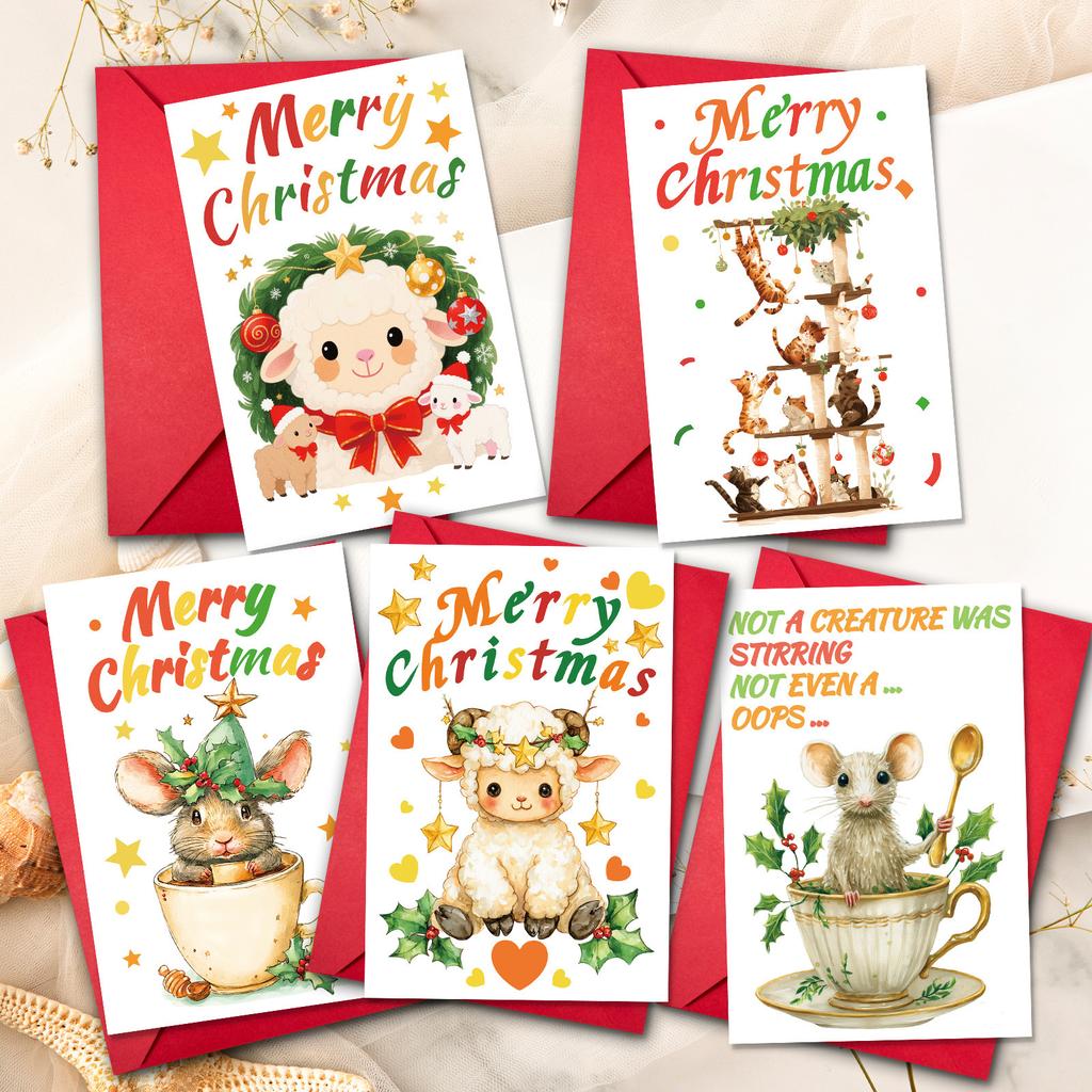 10PCS Cute Cartoon Christmas Greeting Cards Set with Envelopes, Large Size Hand-drawn Xmas Cards for Holiday Wishes & Gifts
