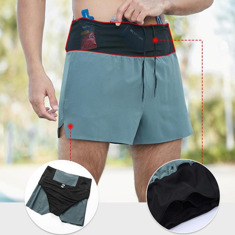 Marathon Running Shorts Men 2 In 1 Quick Dry Workout Training Fitness Jogging Multi-Pocket Man Gym Sport Shorts with Waist Pouch
