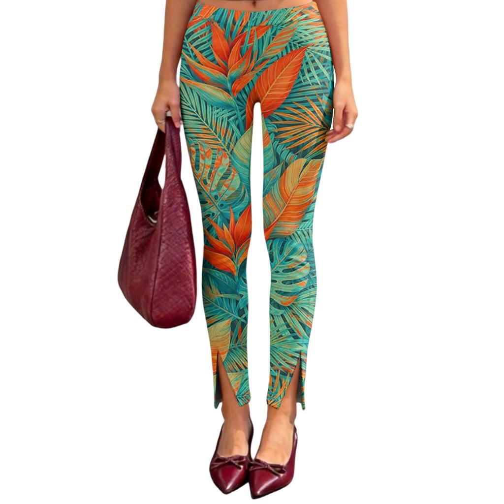 Women's Hawaiian Print Black Slim Fit Joggers, Side Slit Design Athletic Pants, Casual Streetwear, Comfortable Stretch Fabric