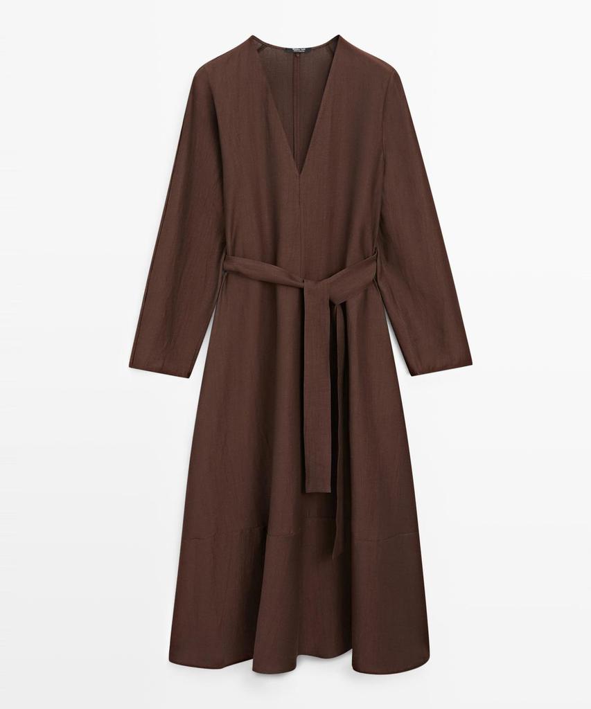 Masimodutti Belt Detail Linen Fluid Knee-Length Dress