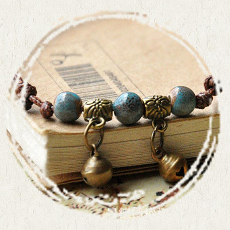 Blue Ceramic Brown Rope Anklet Women Girls Hand-Woven Beaded  Jewelry