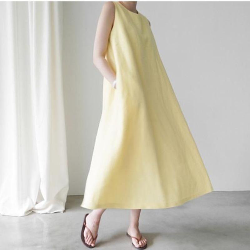 Women Summer Vintage Cotton and Linen Long Tank Dress Sleeveless Loose Waist Large Hem Round Collar Midi Sundress