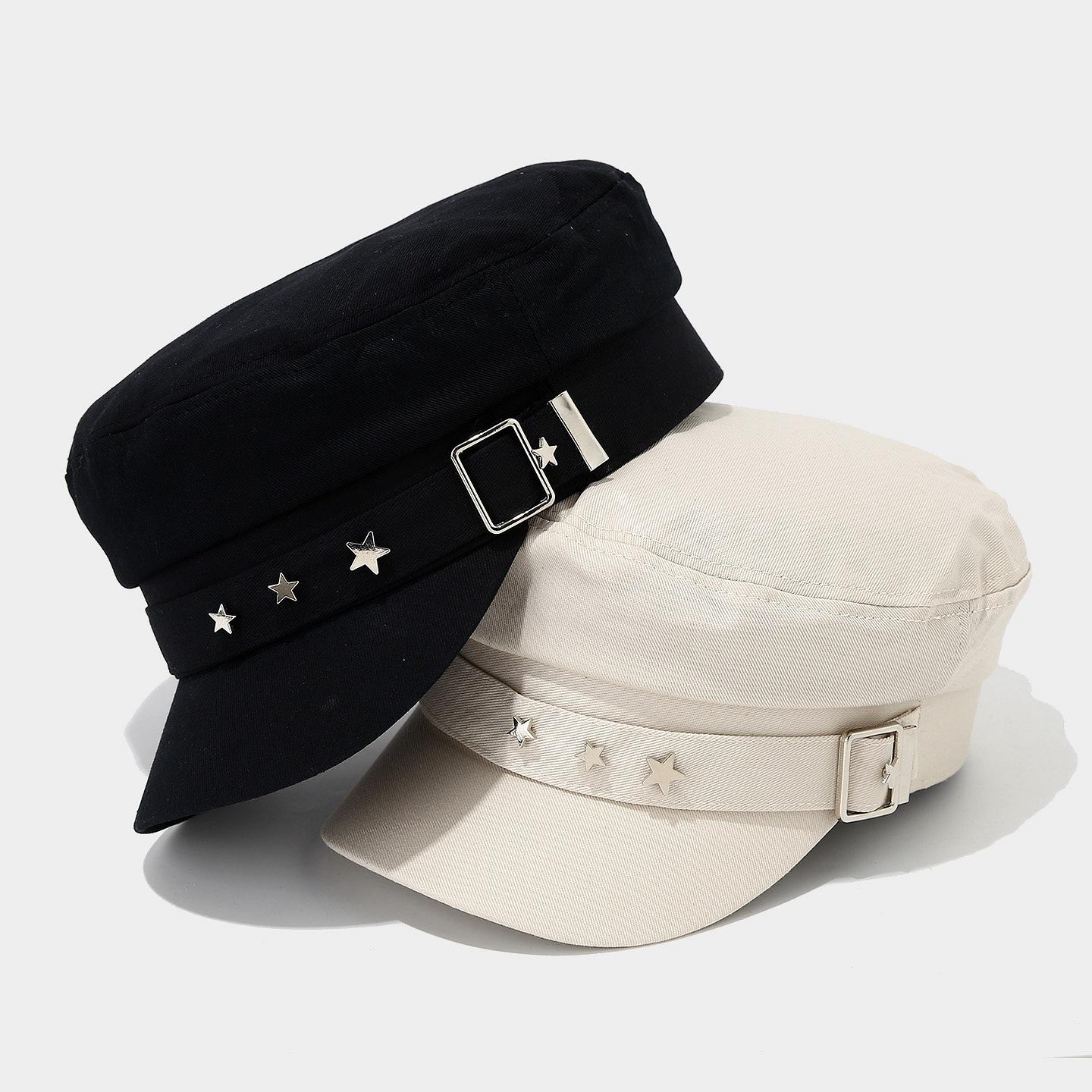 Zealous Sole Women's Black Fasion Unisex Five Pointed Star Personality Military Hats Flat Top Baseball Caps For Outdoor Sports Cadet Sunscreen Hat Cm