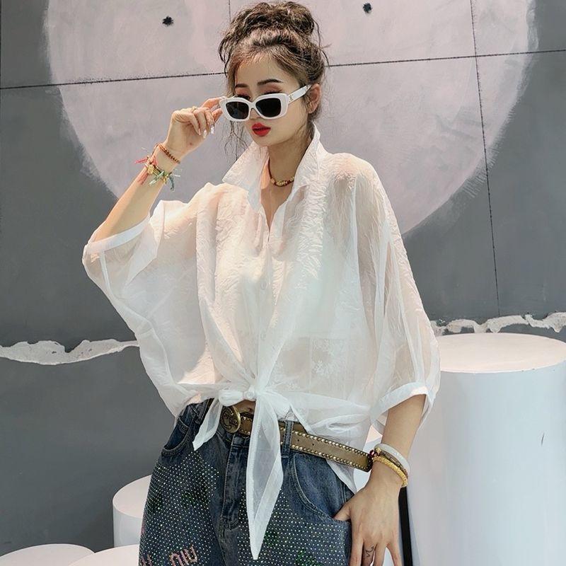 

Жіноча літня легка однотонна сорочка з сонцезахисним кремом 4XL білий