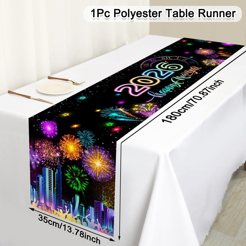 2026 Happy New Year Table Runner Fireworks Champagne Polyester Table Cover For New Year Party Kitchen Dining Table Decorations