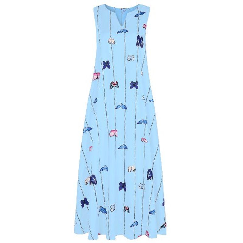 

V-neck Retro Butterfly Print Pocket Sleeveless Dress Lake Blue 4XL