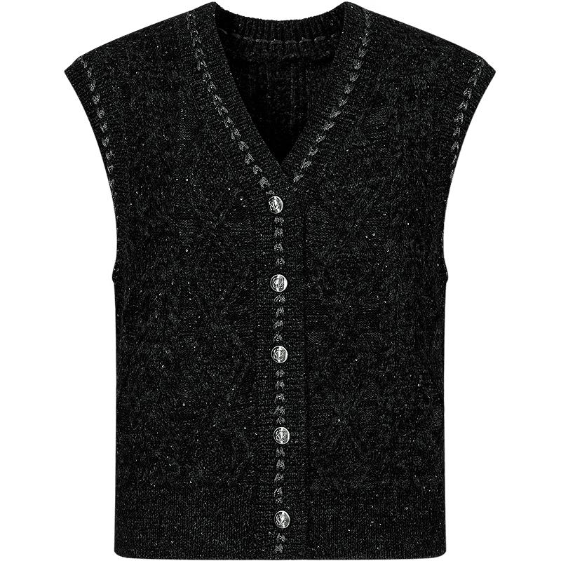 Jiuzi Anna Kuao Women's Elegant Sequin V-Neck Wool Blend Vest
