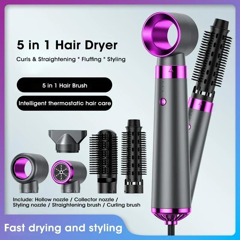 5-in-1 Hair Dryer 110V/220V, Negative Ion Fast Drying Styler with Straightener & Curler for Home Travel Salon Use, Strong Wind