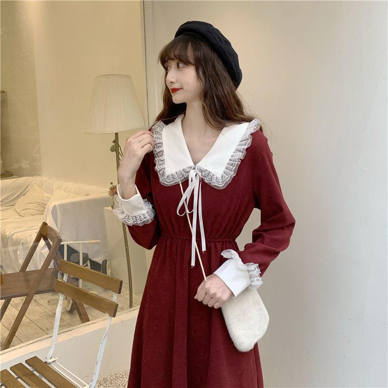 New Christmas Autumn and Winter French Skirt Women s Red Waist Skinny Long Sleeve Hepburn Dress Large Size S
