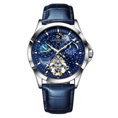 R ONTHEEDGE Automatic Skeleton Watch Men Moonphase Starry Sky Dial Waterproof Luminous
