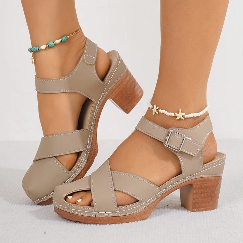 Fashion Closed Toe Thick High Heel Sandals Women Summer Ankle Buckle Beach Sandles Woman Plus Size Anti-Slip Platform Sandalias De Mujer