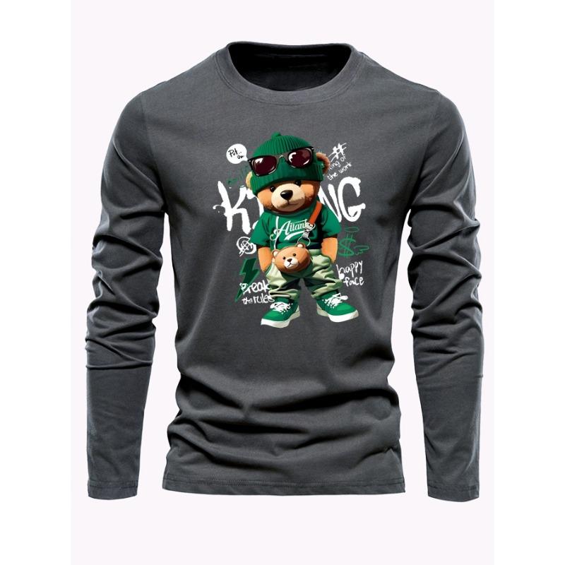 Men's loose and comfortable sports casual fashion cartoon bear print round neck long sleeved T-shirt top