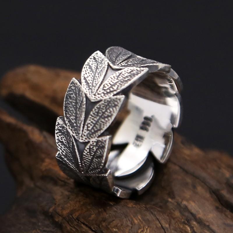 Adjustable Open Ring Men Women Sterling Leaf Vintage Boho Finger Stylish Geometric Design Adjustable Open Band