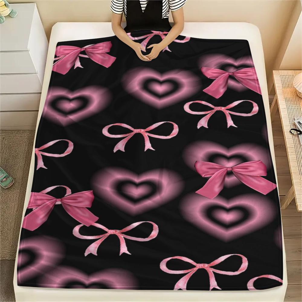 1Pc Pink Bow Butterfly Print Flannel Blanket, High Quality Comfortable for All Seasons, Home Decor, Warmth and Comfort, Perfect for Gifts