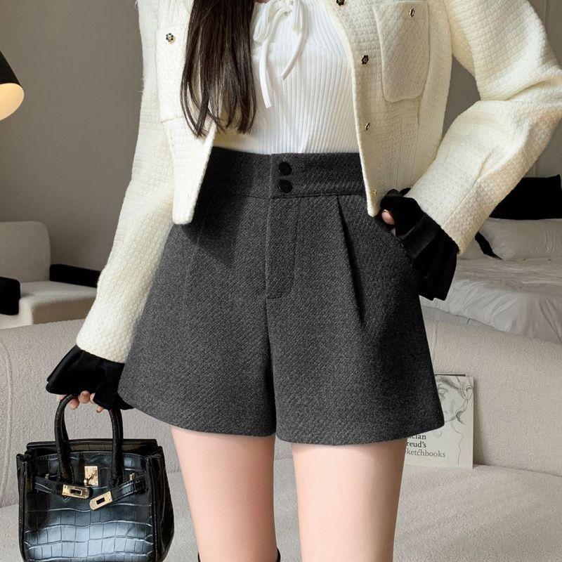 Høst Vinter Høy Midje Temperament Ullstoff Vide Ben Shorts Kvinner Casual Allsidige Korte Bukser