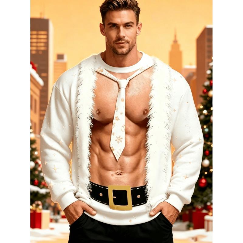 Men Crewneck Sweatshirt, Funny Fake Muscle Santa Suit Tie Xmas Print Polyester Pullover