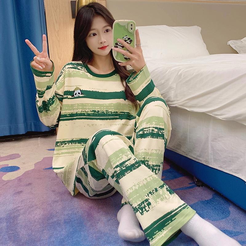 Paski Zielony Zestaw Piżamowy Damski Urocza Codzienna Bielizna Nocna Długi Rękaw Długie Spodnie Jesień Zima Piżama Dziewczęca Miękka Przytulna Piżama Damska