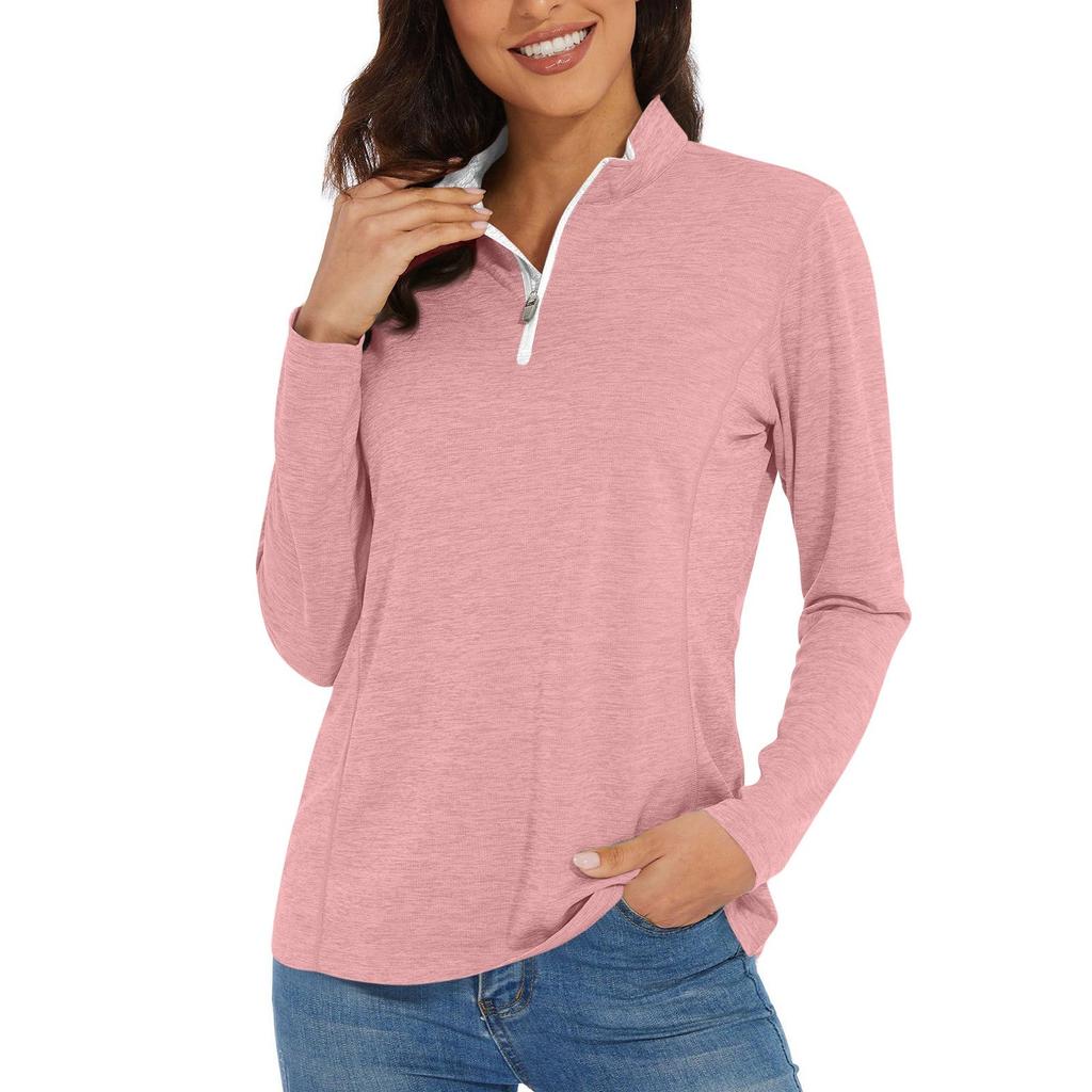 Women's Casual Fashion Solid Color Long Sleeve Zipper Neck Top T-shirt