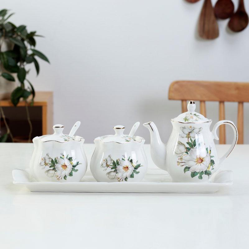 Lotus Ceramic Condiment Jar Set for Salt, Sugar, Soy Sauce, and Vinegar
