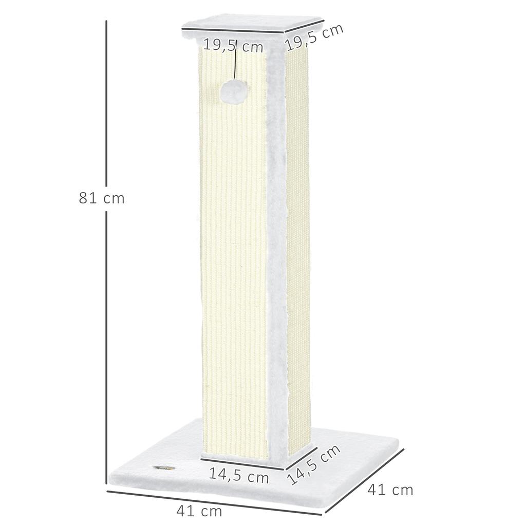 Cat Scratching Post, Sisal and Plush, Hanging Ball, 41 x 41 x 81 cm, White and Cream