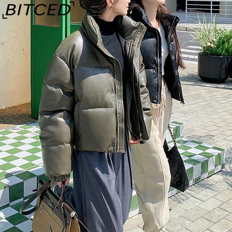 BITCED Autumn/Winter Cotton-Lined Leather Jacket for Women Stand-Up Collar Short-Length Warm Padded Coat