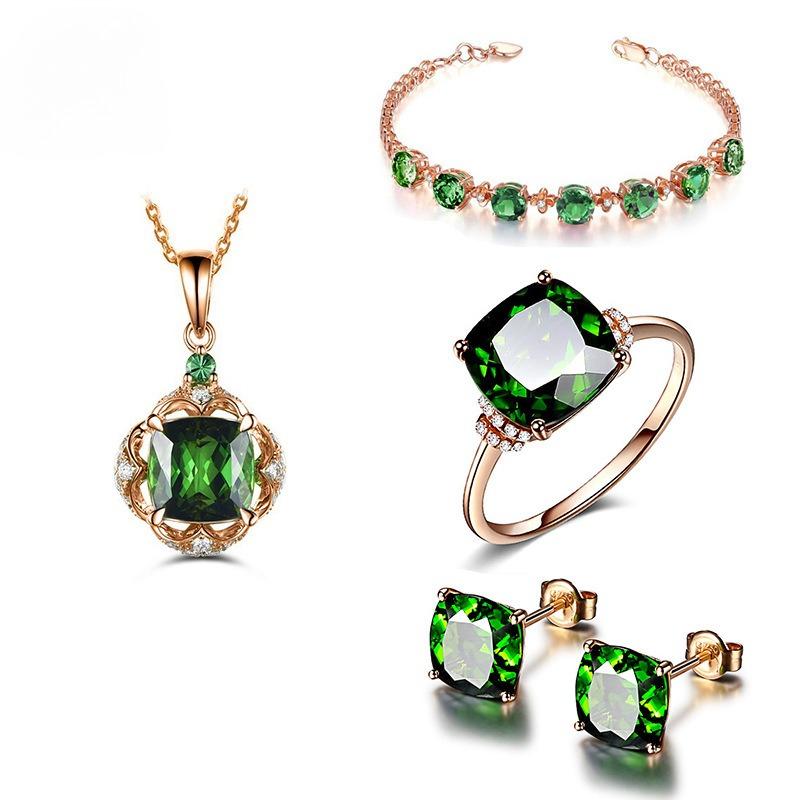 Square Four-claw Stud Earrings Emerald Necklace Full Diamond Clover Bracelet Green Tourmaline Crystal Ring Jewelry Set 2026 Resizable