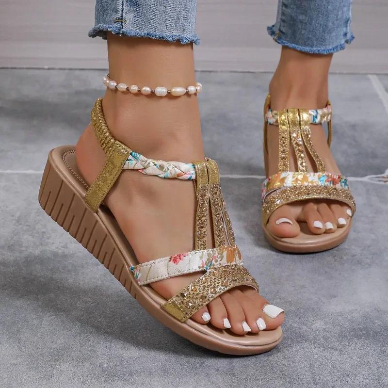 fashion 2024 Shoes for Women Plus Size Women's Sandals Summer Casual Sandals Women Crystal Mixed Colors Elastic Band Wedge Shoes Ladies