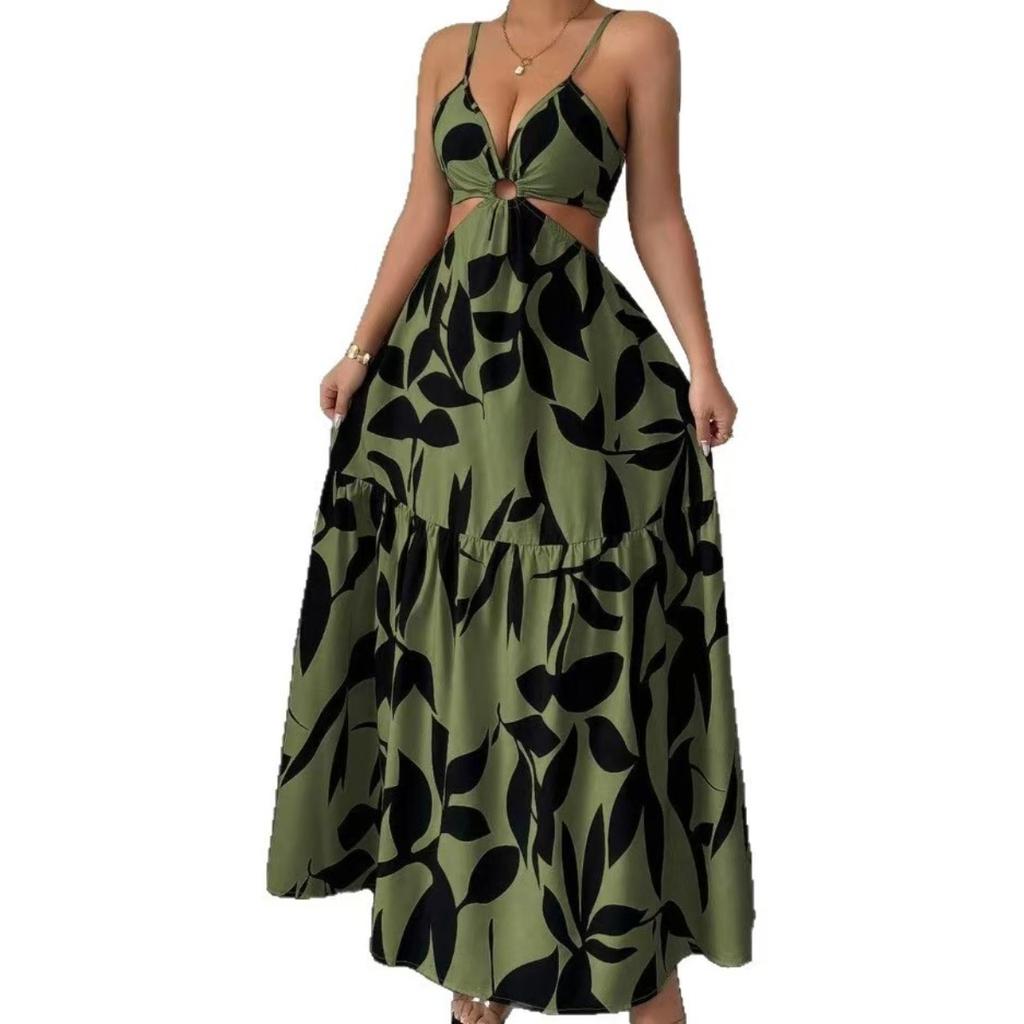 Women's V Neck Cutout Floral Print Maxi Dress Spaghetti Strap Backless Tie Waist Party Dress