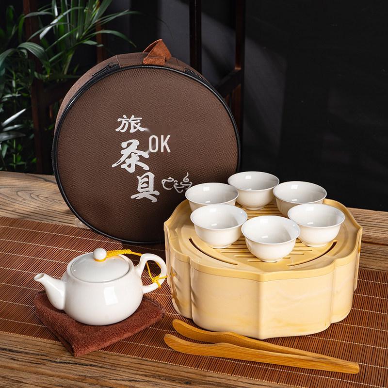 Portable Ceramic Kung Fu Tea Set with Tray, Cups, Teapot, and Lid Bowl