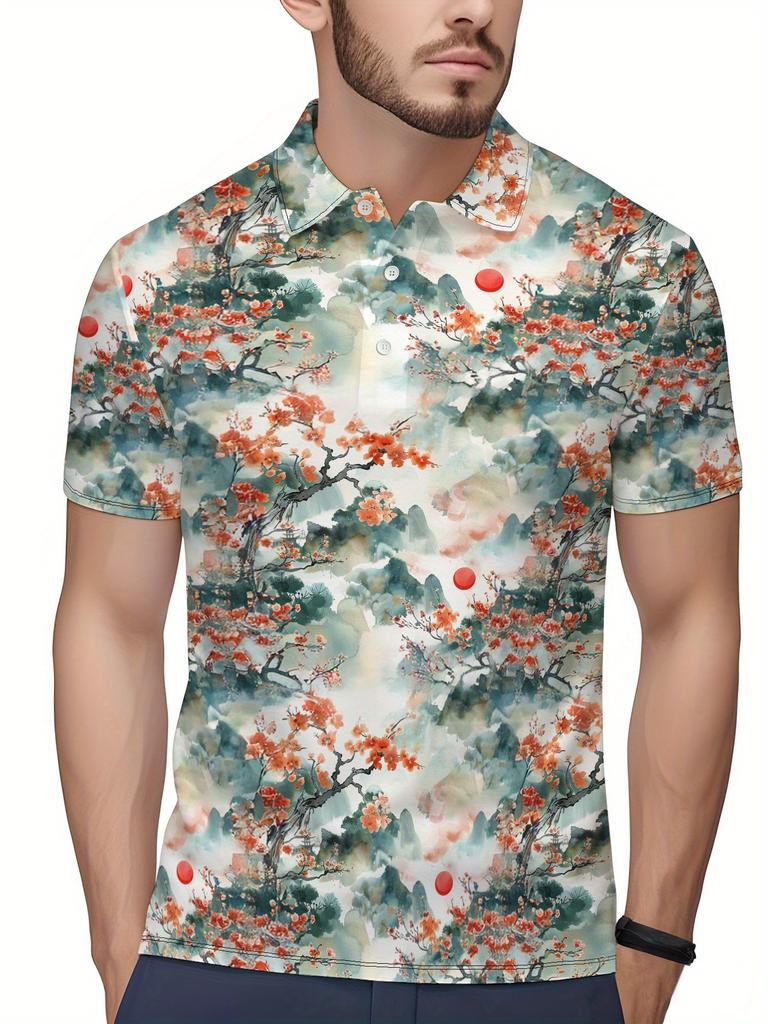 Men's Short Sleeve Polo Shirt with Flat Digital Print Pattern - No Texture