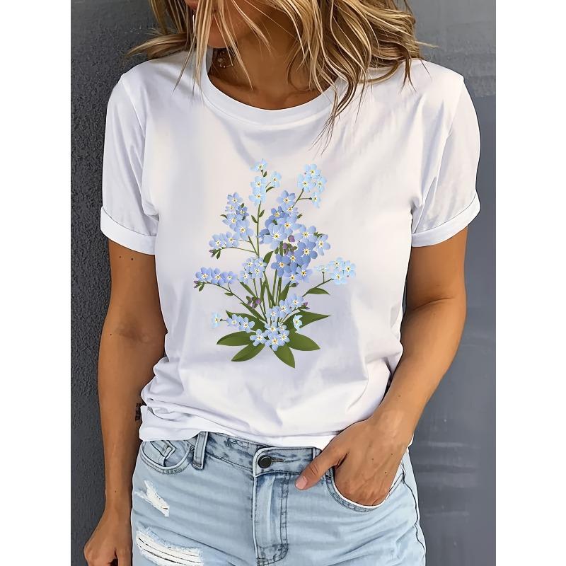 

European Size Women s Large Size Vintage Floral Print T-Shirt - High Elasticity Semi-Sheer Streetwear Top with Round Neck S белый