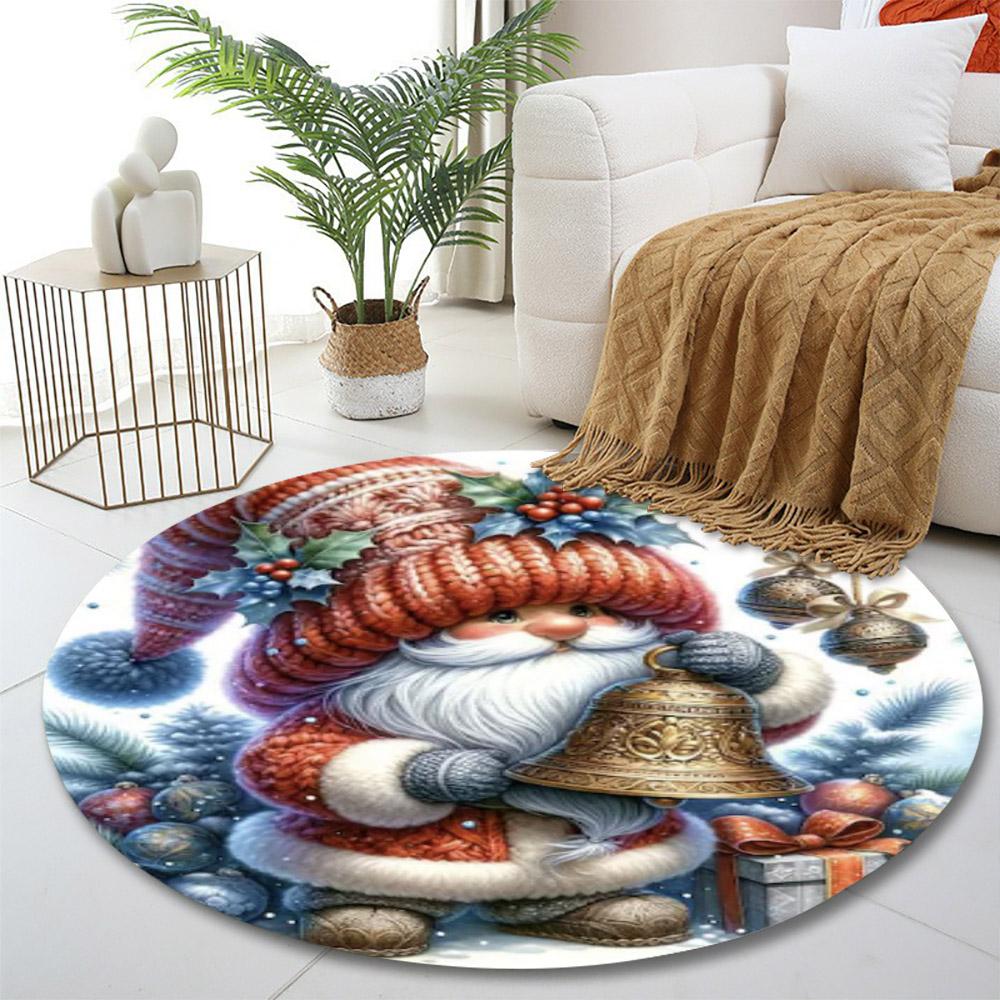 Santa with Bell and Christmas Decor Print round rug, living room, bedroom, playroom carpet, non slip floor mat, gift