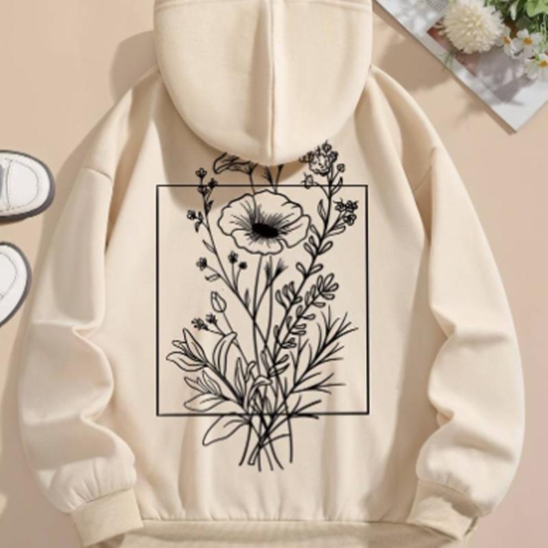 Womens Line Flower Print Loose Hoodie Tops Blouse Sweatshirt Casual Long Sleeve Pullover Tops