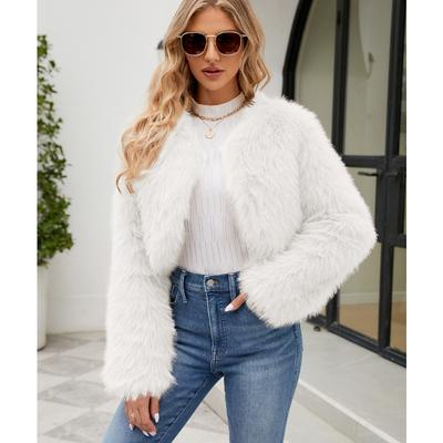 Dames Cropped Jas van Kunstbont Open Voorkant Lange Mouwen Winterjas