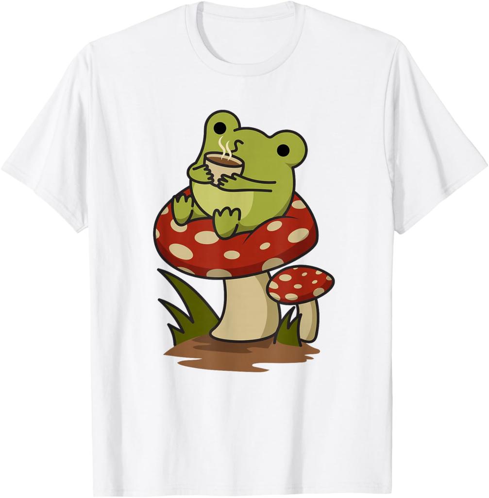 Cute Frog Drinking Coffee on Mushroom Cottagecore Aesthetic Graphic Tee Casual Cotton T-Shirt