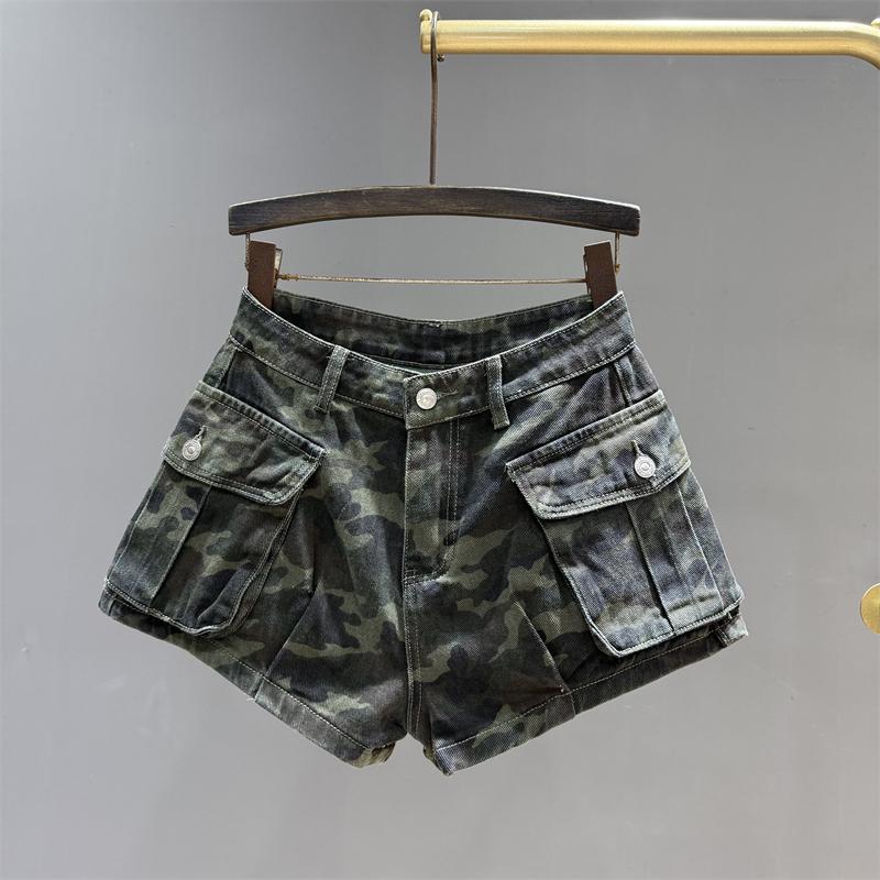 Korean version retro American big pocket high waist thin denim shorts overalls casual pants hot pants women s summer new S