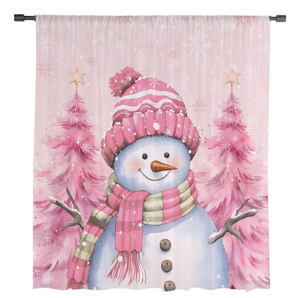 Snowman Snowflake Pink Christmas Tree Sheer Curtains for Living Room Decoration Window Curtains Kitchen Tulle Voile Curtains