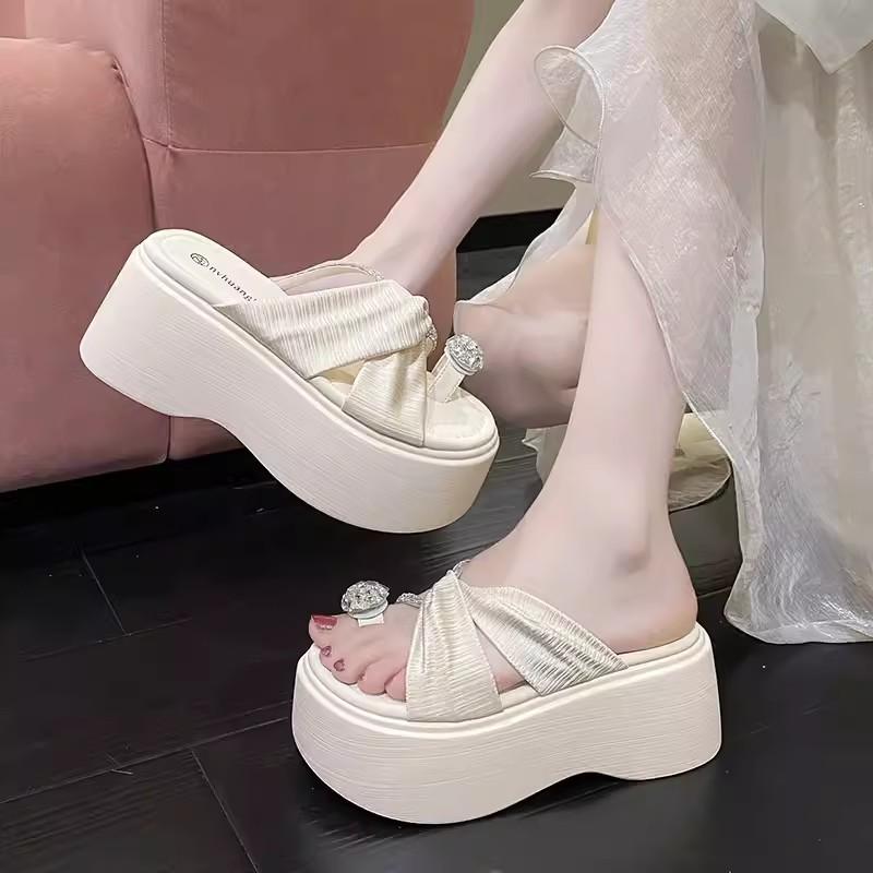 

модные женские босоножки на толстой платформе с застежкой-молнией на высоком каблуке, гладиаторские тапочки, женские модные летние пляжные шлепанцы для отдыха 8 см 39 бежевый