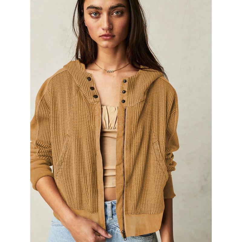 Jacket Patchwork Sweatshirt Women's Hooded Sweatshirt Slouchy Style Zipper Hoodie Short Knitwear