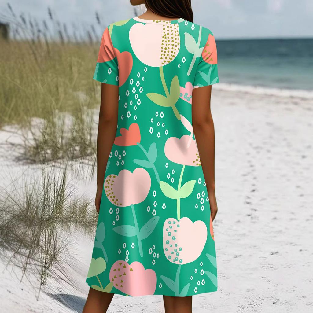 Kurzärmeliges Boho-Kleid für Damen, lässig, lockere Passform, Sommerkleid mit Blumendruck und Taschen