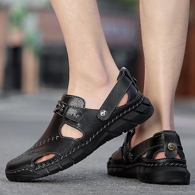 Summer Hollow Out New Flat Casual Sandals Men's Outdoor Seaside Breathable Cowhide Sewn Slippers Comfortable Men's Shoes 38-50