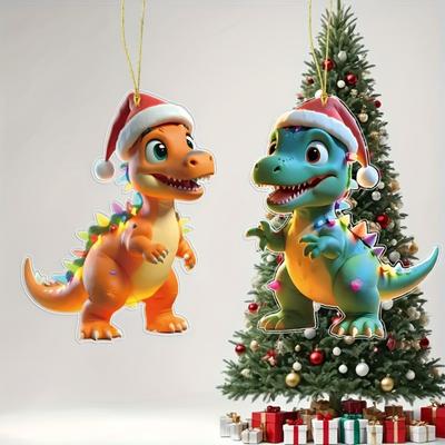 2-PCS Fantasy Dinosaur Acrylic Christmas Tree Ornaments Christmas Hat - Holiday Holiday Charm for Christmas and All Occasions