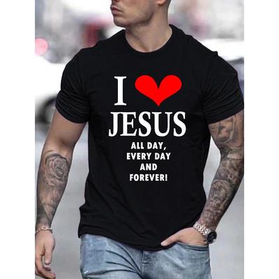 European Sizes Men'S Summer Casual Crew Neck T-Shirt, Short Sleeve with "I Love Jesus" Print, Slight Stretch Knit Fabric