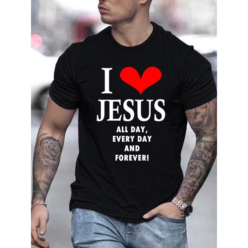 

Европейские размеры Мужская летняя повседневная футболка с круглым вырезом, короткий рукав с принтом Я люблю Иисуса , слегка эластичный трикотаж S чёрный